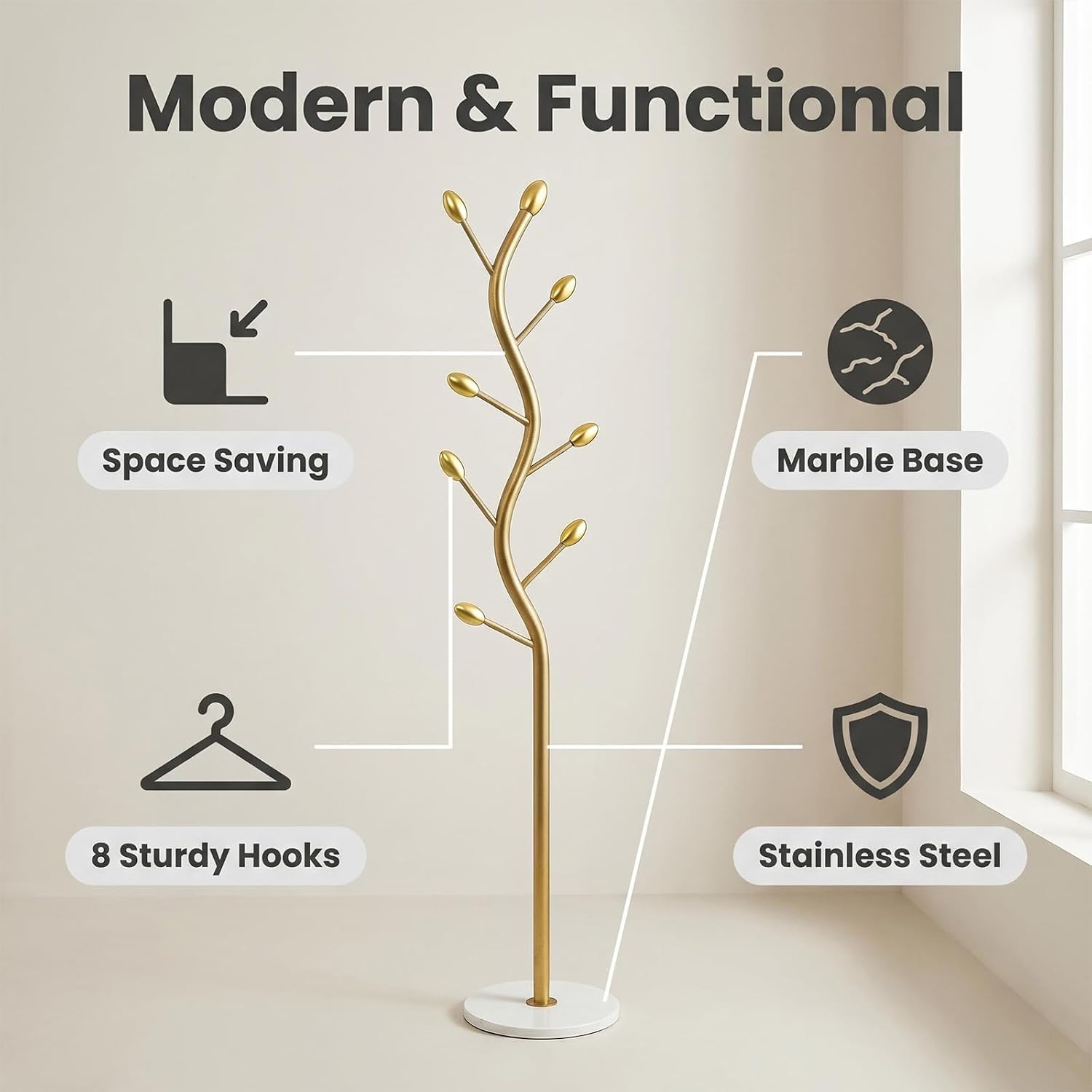 Coat Rack Freestanding, Artistic Tree-Shaped Gold Metal Hall Tree with Heavy-Duty Marble Base, Elegant Corner Garment & Purse Tree with 8 Rounded Hooks for Entryway, Bedroom, Office