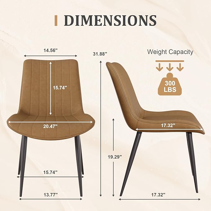 Dining Chairs Set of 6, Leather Modern Kitchen & Dining Room Chairs, Comfortable Upholstered Kitchen Chairs with Metal Legs Armless Side Chairs for Living Room Bedroom Restaurant Cafe, Brown