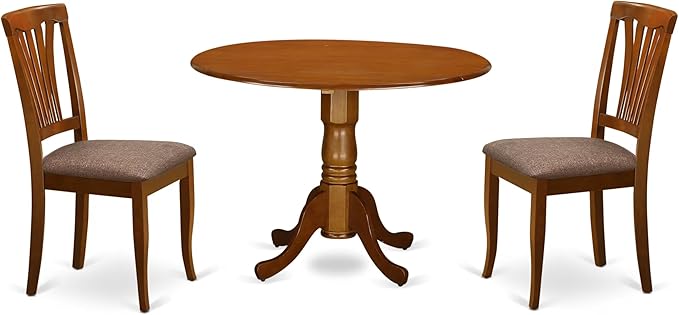East West Furniture DLAV3-SBR-C 3 Piece Dining Room Table Set Contains a Round Dining Table with Dropleaf and 2 Linen Fabric Upholstered Chairs, 42x42 Inch, Saddle Brown
