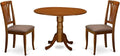 East West Furniture DLAV3-SBR-C 3 Piece Dining Room Table Set Contains a Round Dining Table with Dropleaf and 2 Linen Fabric Upholstered Chairs, 42x42 Inch, Saddle Brown