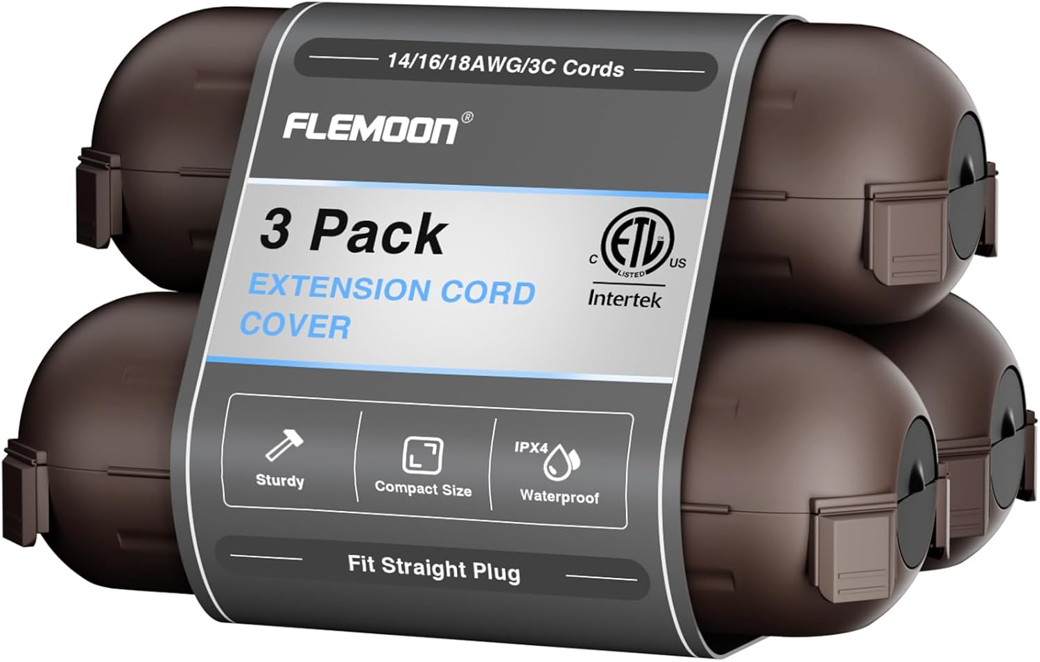 Flemoon [3 Pack] Outdoor Extension Cord Waterproof Cover, Weatherproof Electrical Connection Box for Outdoor Plug, Outlet, Outdoor Outlet, Socket, Halloween, Christmas Holiday Decoration Light, Brown