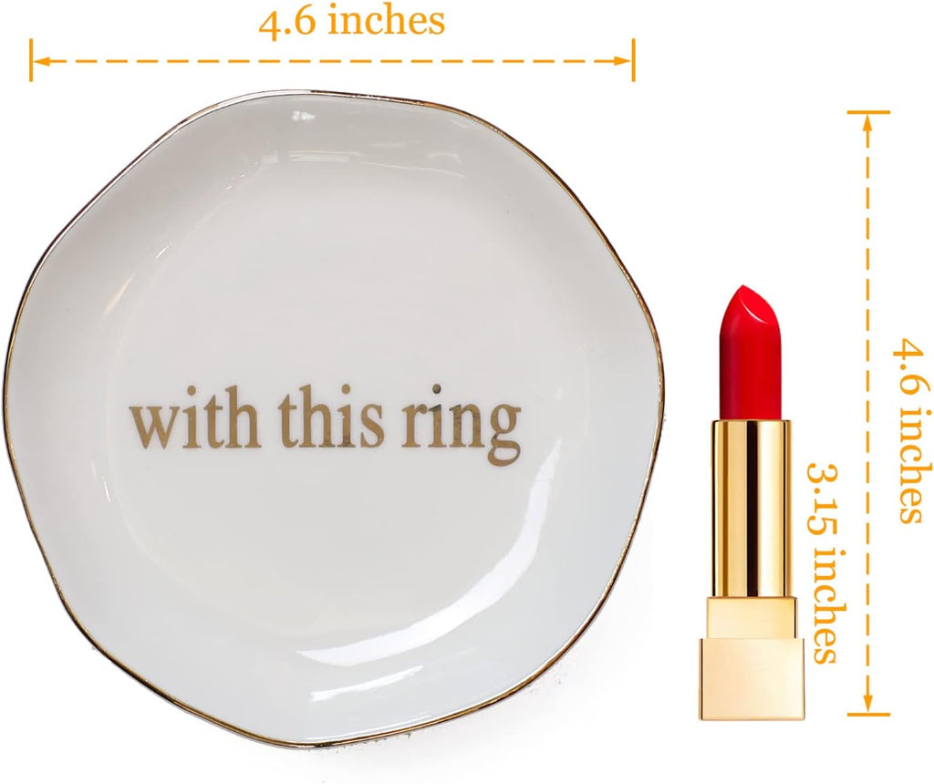 Engagement Wedding Ring Dish-With This Ring Jewelry Dish Tray-Gifts for Bride, Bride to be, Newlyweds, Ceramic White