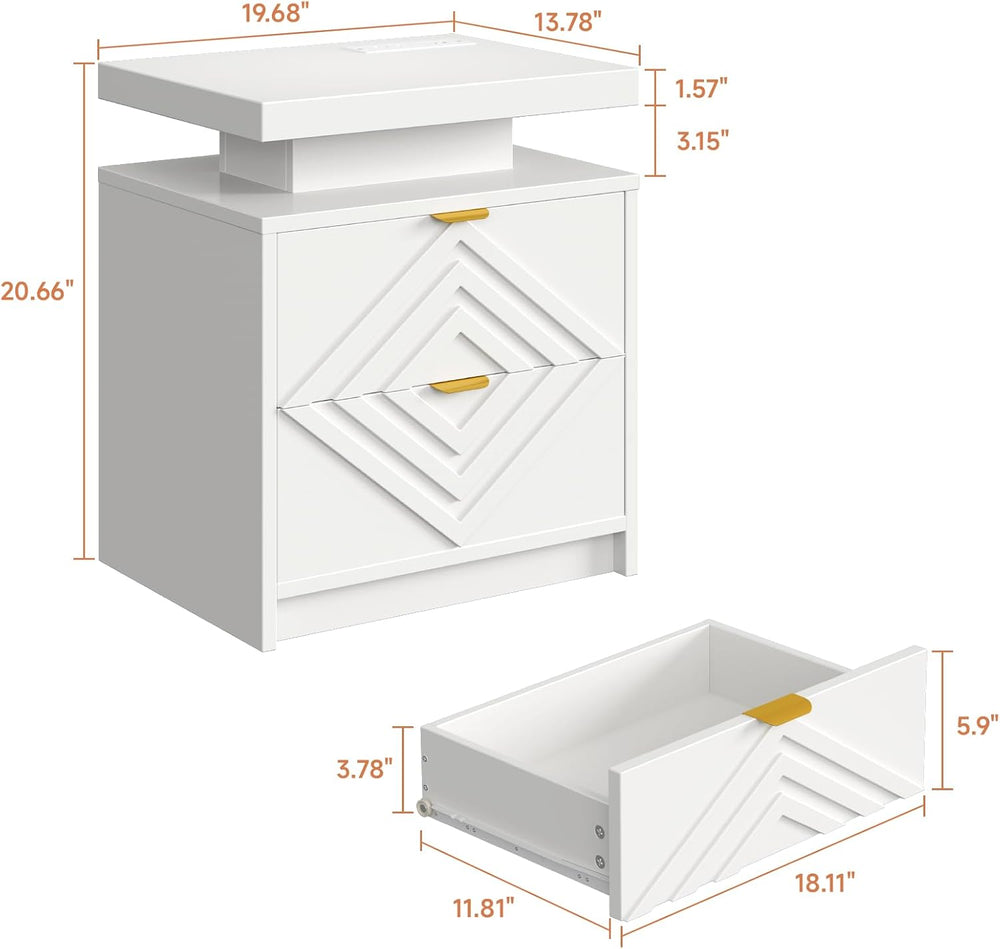 White Nightstand with Charging Station and LED Lights, Smart Night Stand, Mod...