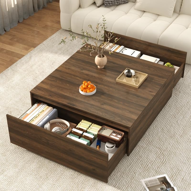 43 Inch Large Square Coffee Table with Storage,Wooden Coffee Table((Walnut)