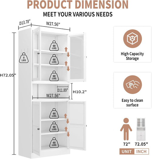 27.56” Metal Pantry Cabinet, 72" H Kitchen Pantry Storage Cabinet with 4 Doors and Adjustable Shelves, Freestanding Buffet Cupboards for Living Room and Dinning Room, White B