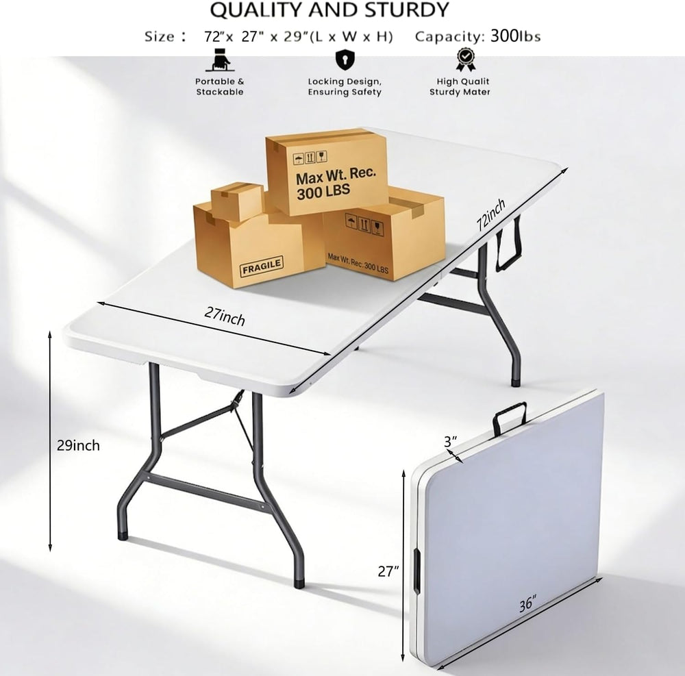 6FT Folding Table,Portable White HDPE Utility Table with Carry Handle | Durab...