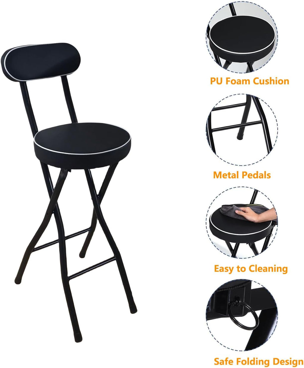 Portable Folding Stool, 330lbs Capacity, Heavy Duty Stool, Foldable Stool for Adults, Dorm, Kitchen, Vanity, Bathroom, Church and Outdoor Use (Black, Sitting Height: 24in)