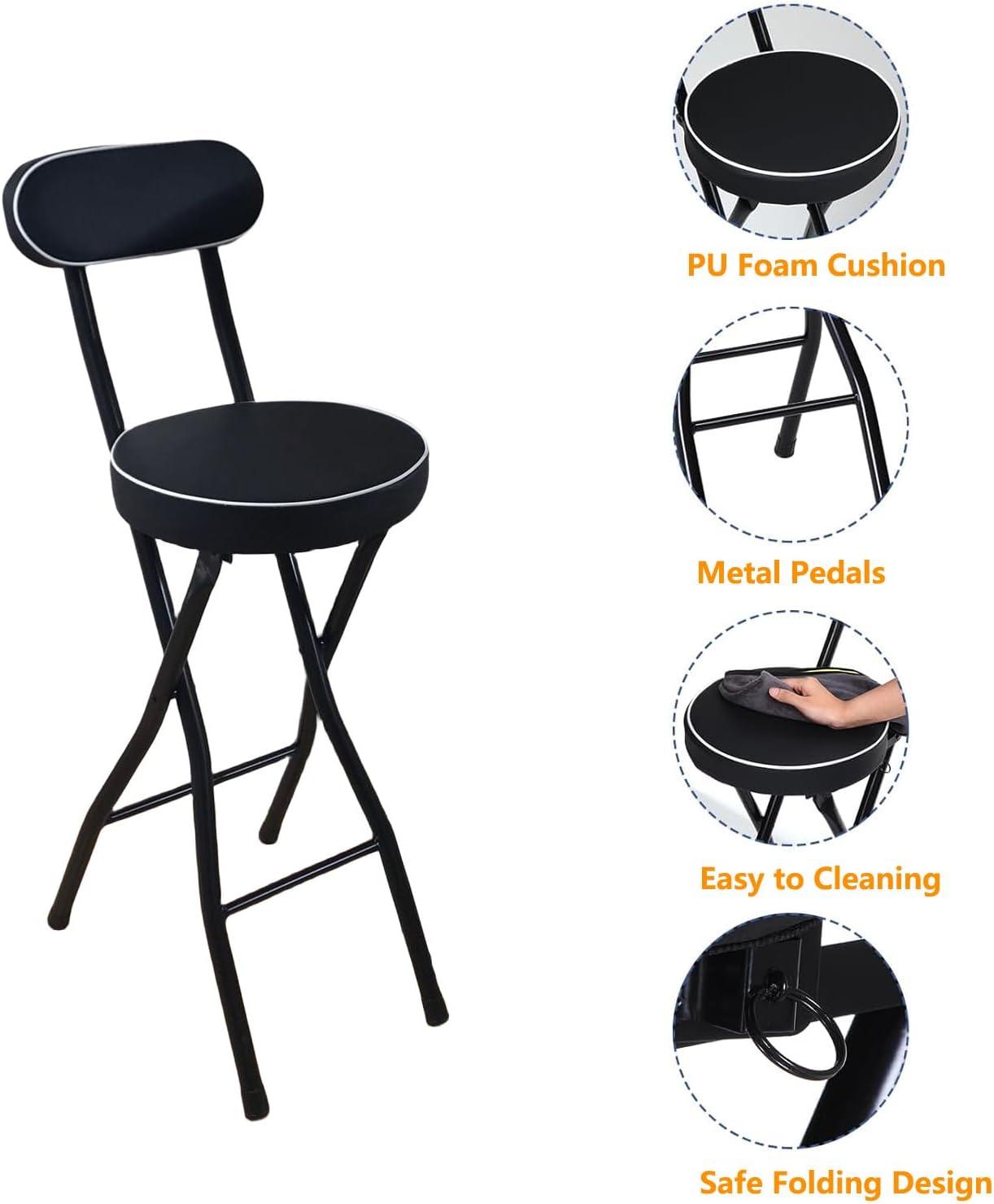 Portable Folding Stool, 330lbs Capacity, Heavy Duty Stool, Foldable Stool for Adults, Dorm, Kitchen, Vanity, Bathroom, Church and Outdoor Use (Black, Sitting Height: 24in)