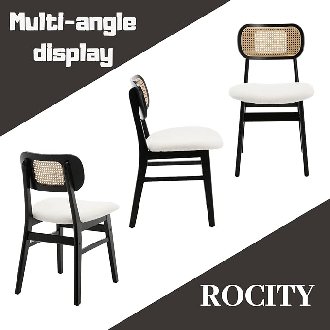 Black Rattan Dining Chairs Set of 4 Lambswool Dining Room Chairs Natural Wood...