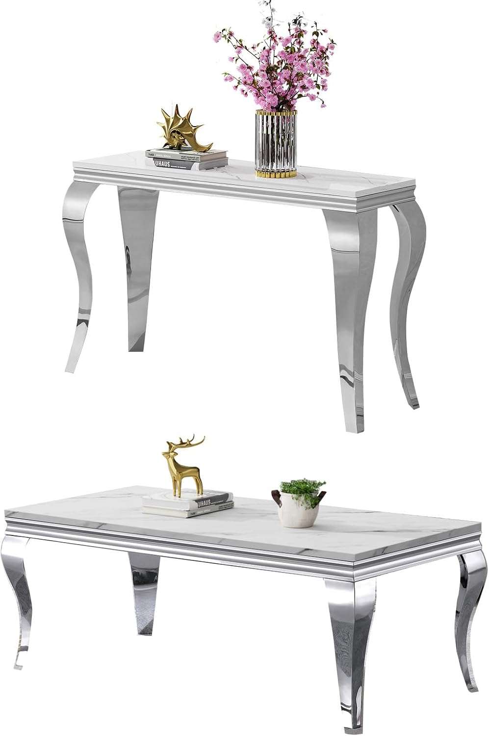Luxury Coffee Table Set of 2, Rectangular Coffee Table with Sofa Console Tabl...
