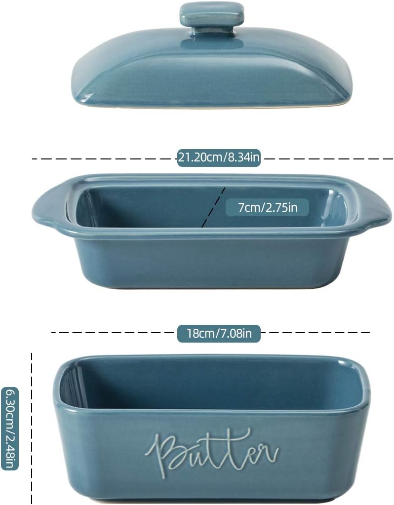 FE Butter Dish, 10 oz Ceramic Butter Keeper with Water Line, French Butter Dish with Lid for Countertop (Blue)