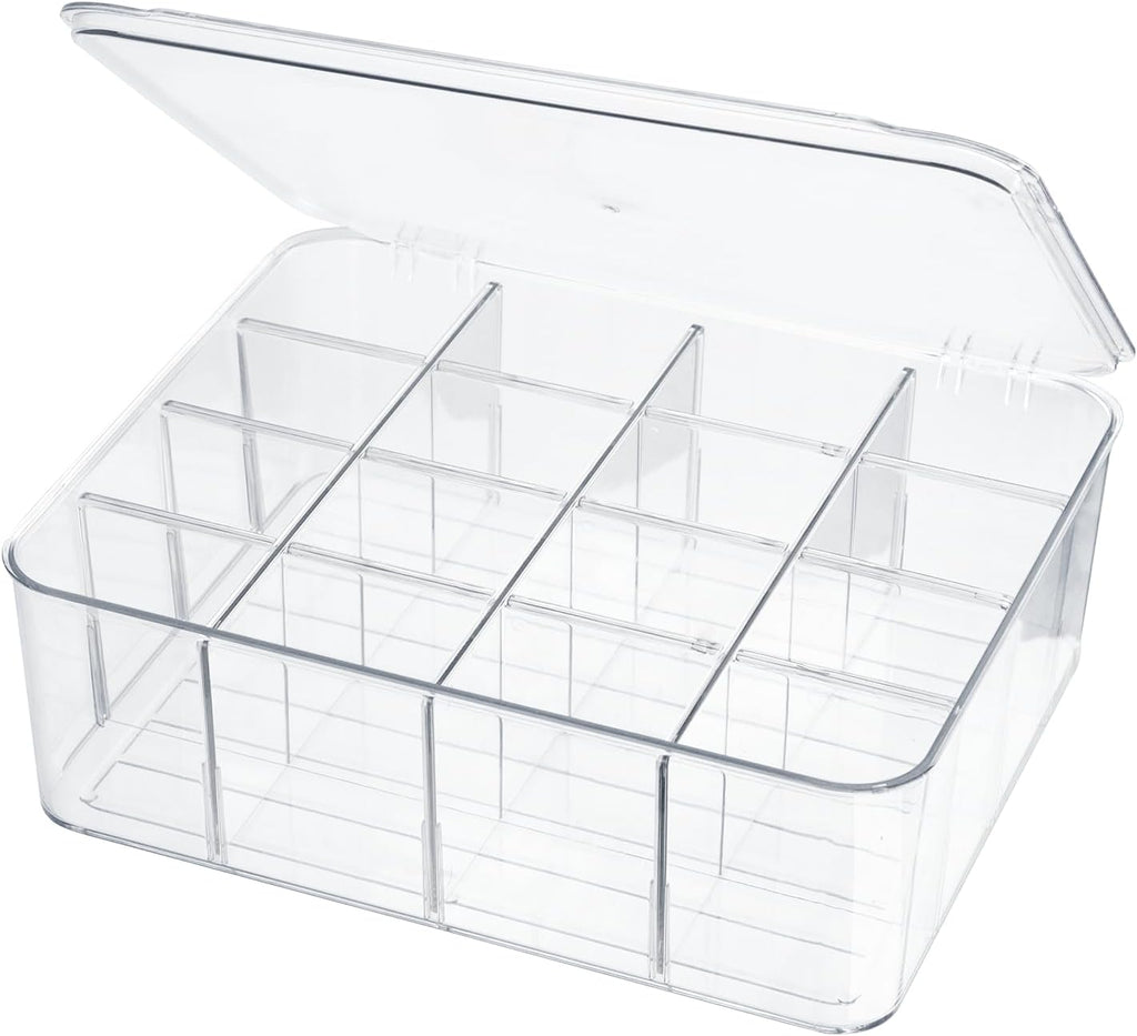 ZEXALOR Socks Underwear Drawer Organzier Dividers, 16 Compartment Removable Divided Plastic Storage Bin with Lid, Storage Organizer for Scarves Ties Bras, Clear Dresser Drawer Organizers