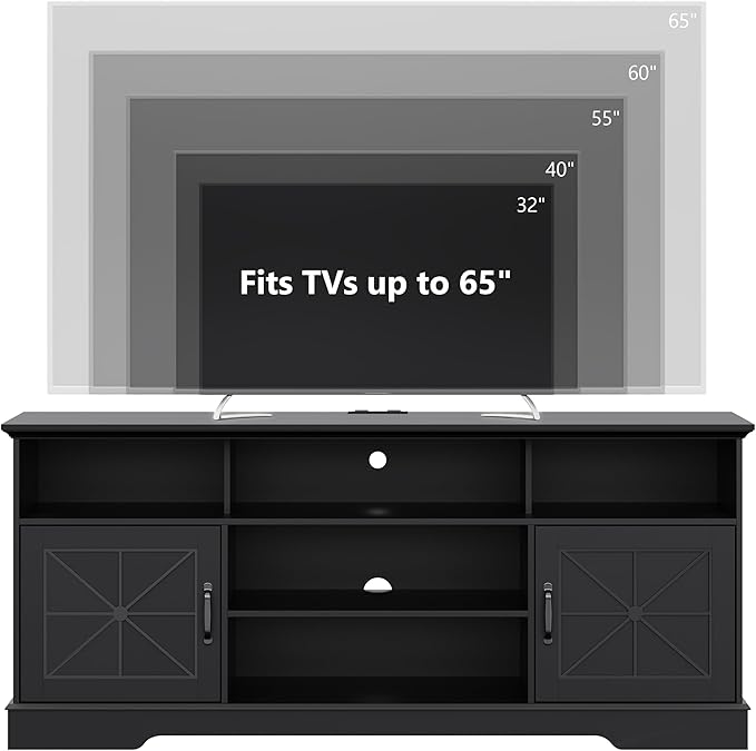 Farmhouse TV Stand for 65/60/55 Inch Tvs, Rustic Entertainment Center with LED Lights and Power Outlets, Modern Media Console Table, Wood Television Furniture for Living Room, Bedroom, Black