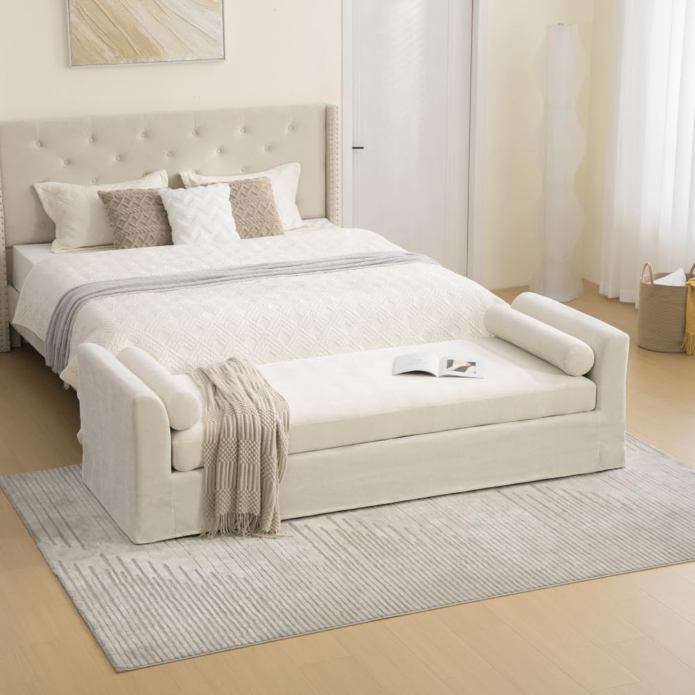 88.58" Chenille End of Bed Bench Chaise Lounge, Upholstered Bedroom Benc...