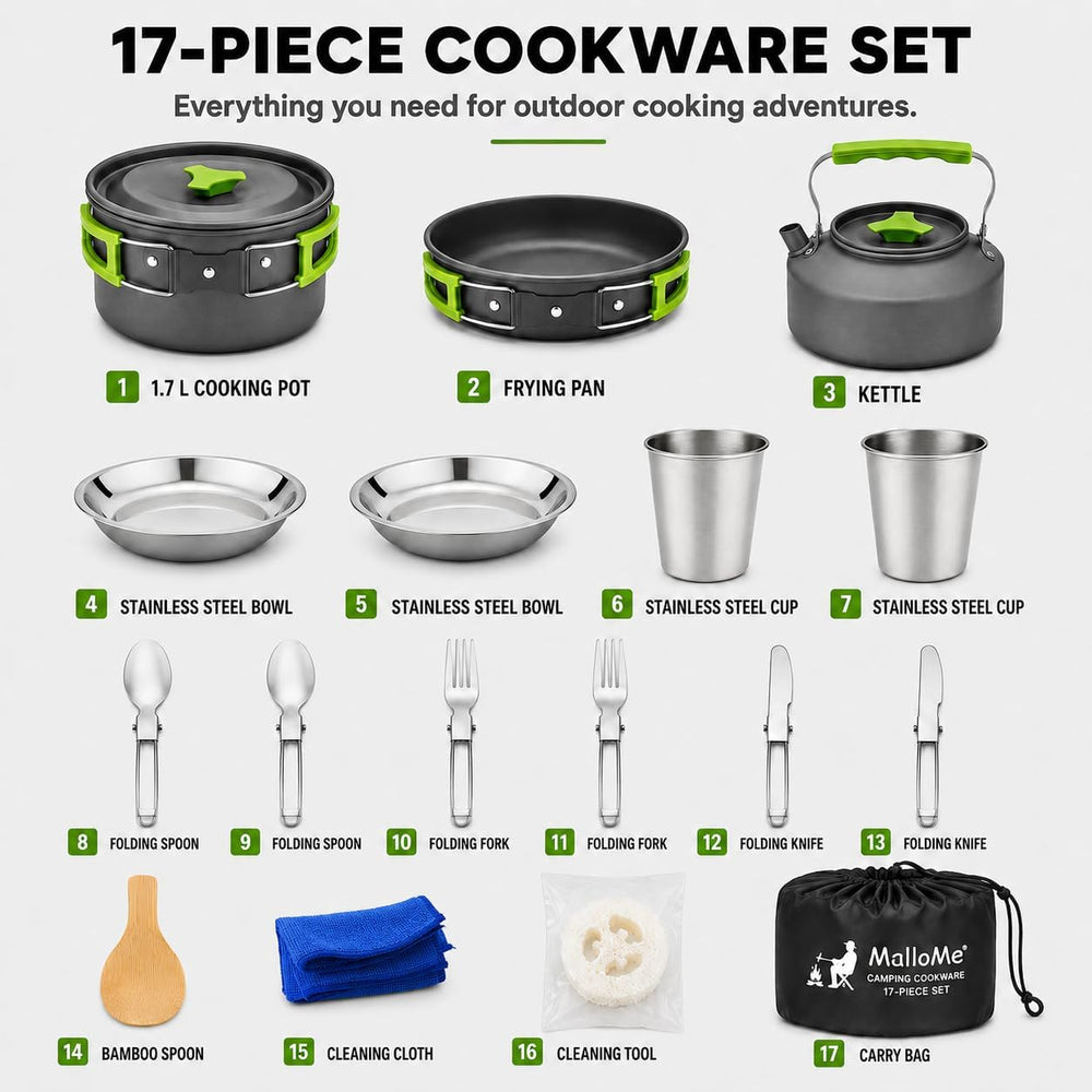MalloMe Camping Cookware Mess Kit for Backpacking Gear – Camping Cooking Set ...