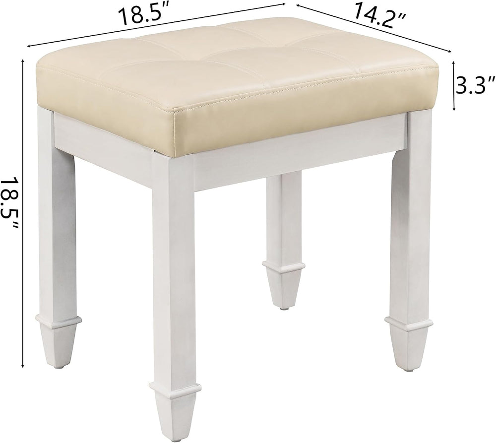 Solid Wood Vanity Bench Stool, Small Vintage Ottoman Foot Stool with Off-Whit...