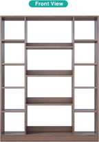 Cube Storage Bookcase with Base - Large Wooden Bookshelf with 10 Open Cubes and 4 Shelves for Home and Office, Freestanding Organizer, Walnut