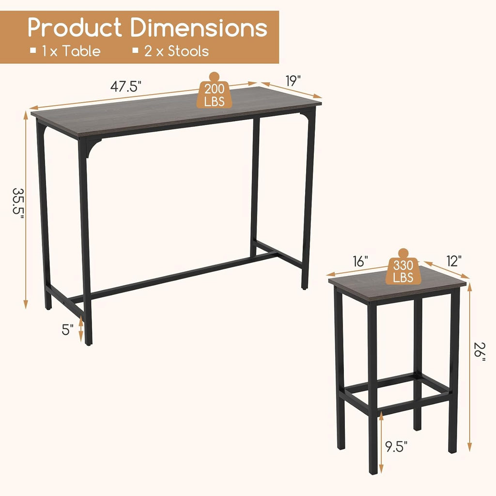 COSTWAY 3-Piece Dining Table Set, 47.5" Industrial Counter-Height Kitchen Table and 2 Bar Stools, High Top Rectangular Pub Table and Chairs for Dining Room Small Place Breakfast Nook Bistro (Grey) | w/ 2 Bar Stools, High Top Rectangular Pub Table and