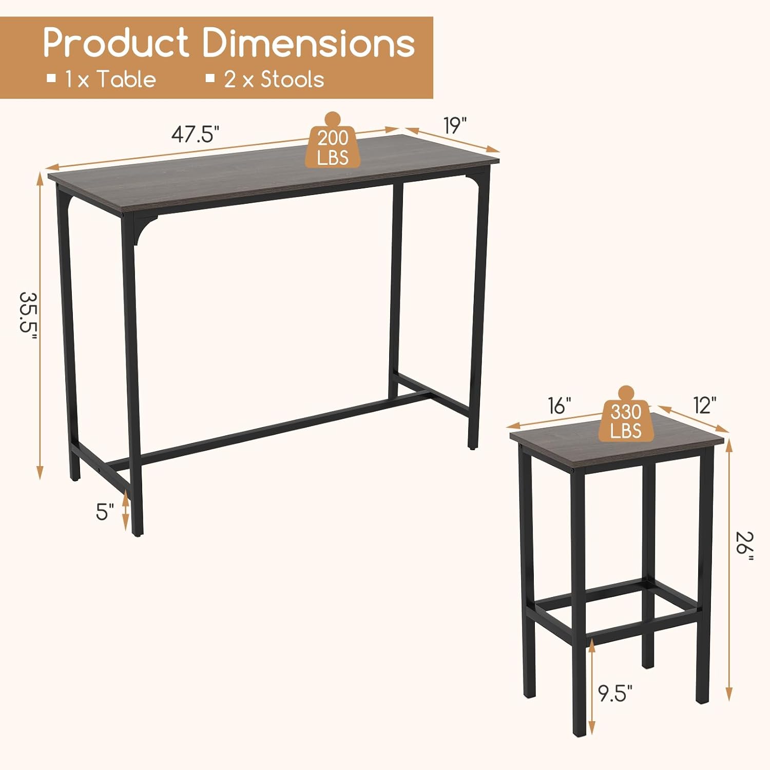 COSTWAY 3-Piece Dining Table Set, 47.5" Industrial Counter-Height Kitchen Table and 2 Bar Stools, High Top Rectangular Pub Table and Chairs for Dining Room Small Place Breakfast Nook Bistro (Grey) | w/ 2 Bar Stools, High Top Rectangular Pub Table and