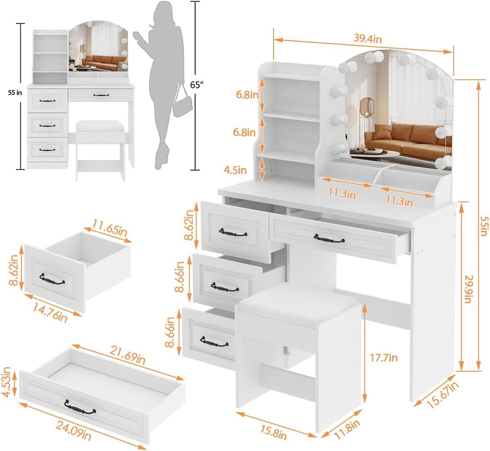 Vabches Vanity Desk with Mirror and Lights,Makeup Vanity Set for Bedroom | Wh...