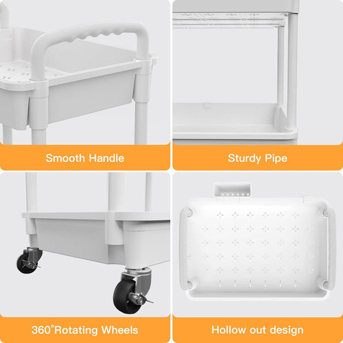 4 Tier Rolling Utility Cart with Handle,REBECAT Utility Cart Made of Multifunctional Storage Organizer Tool for Kitchen,Bathroom,Living Room,Office(White)