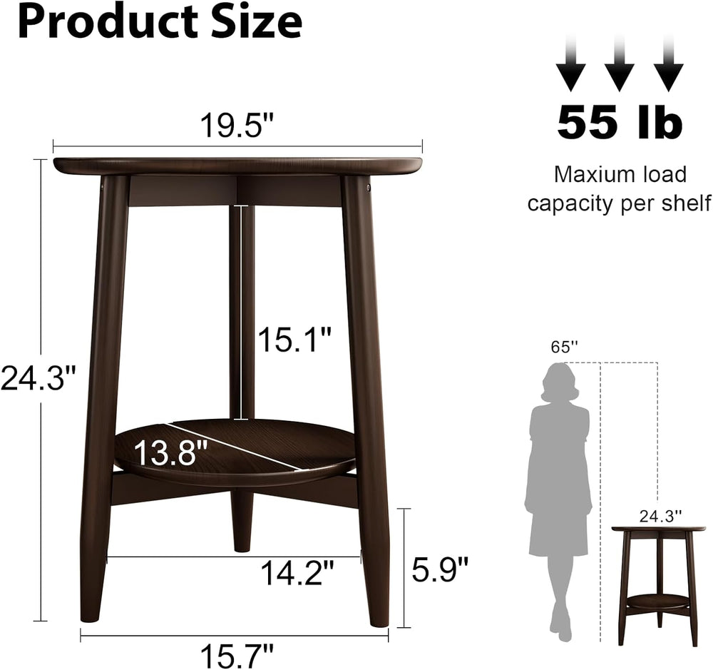 Round End Table,Solid Wood Small Round Table with Lower Shelf,Round Side Tabl...