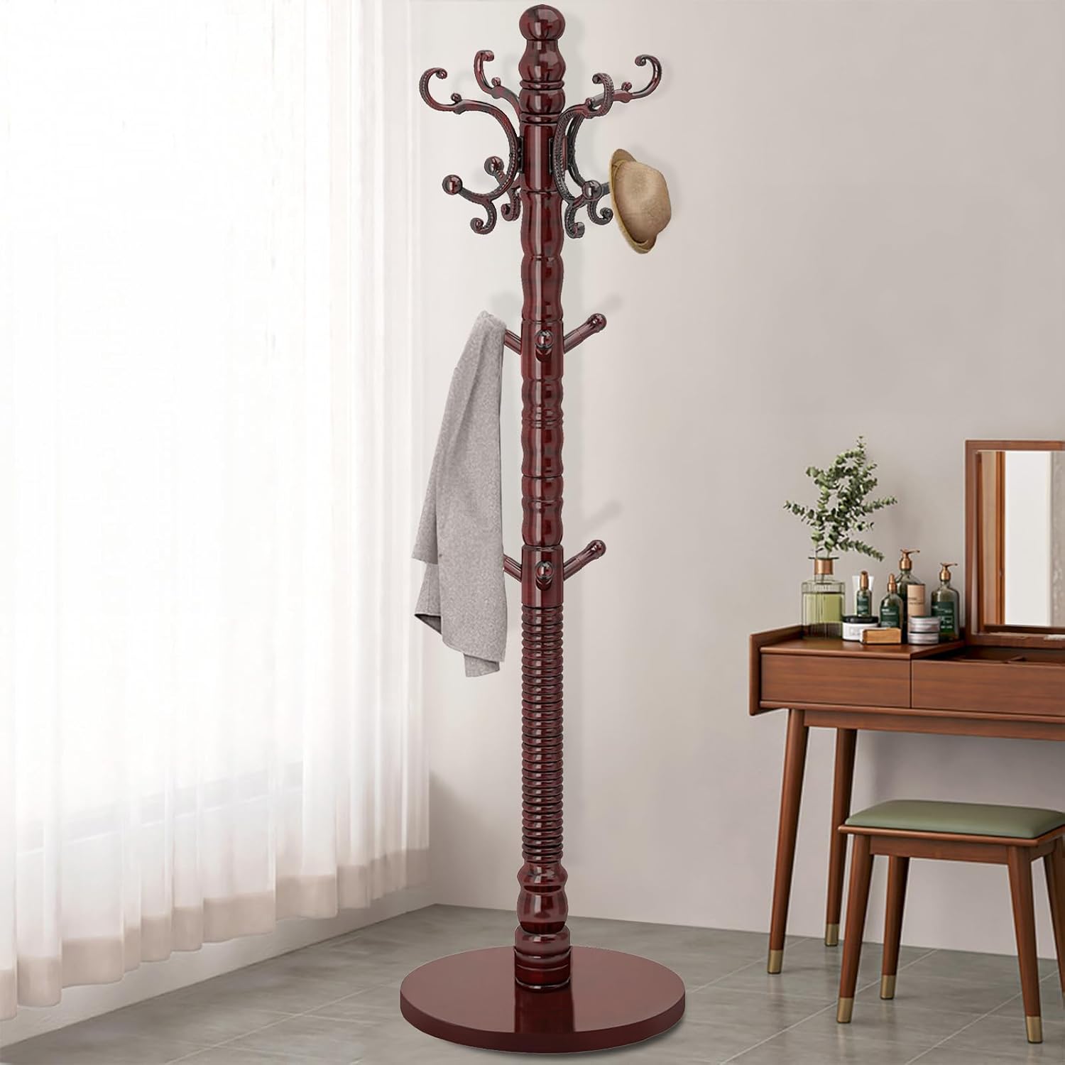 OIRUMIE Wood Coat Rack Stand, Wooden Coat Rack Freestanding with Sturdy Round Base, Vintage Coat Racks with 14 Hooks, Natural Birch Wood Entryway Coat Tree Hanger Stand Easy to Assemble