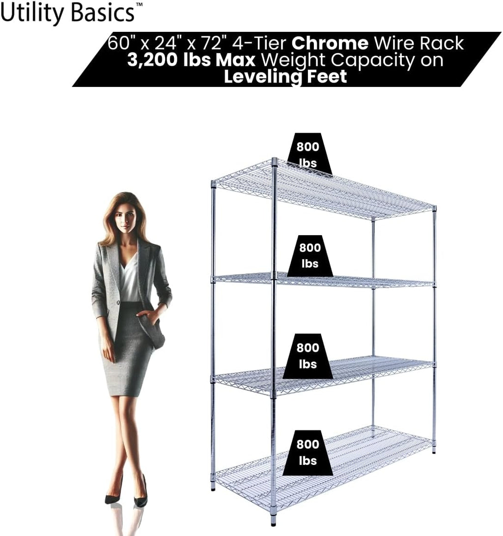 NSF Commercial 4-Tier Wire Shelving with Wheels, 60"x24"x72" Heavy Duty Metal Shelves 3200 lbs Max Capacity, Chrome Storage Rack for Garage Kitchen Pantry Warehouse