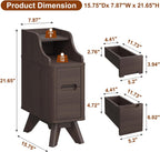 Narrow Nightstand with Drawers, Wood Night Stand with Charger Station, Narrow Bedside Table Modern Side Table Skinny End Table for Bedroom, Brown