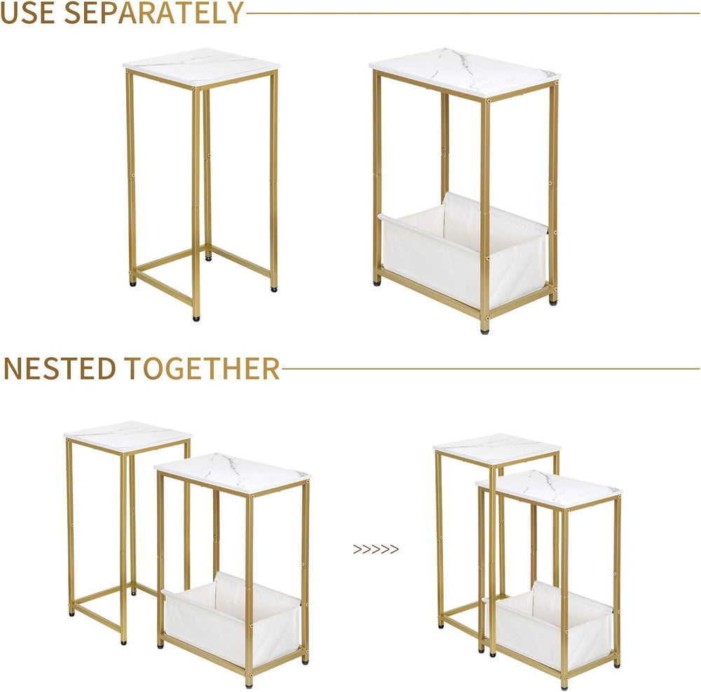 Nesting End Tables Set of 2, Stacking Side Table with Fabric Storage Basket, ...