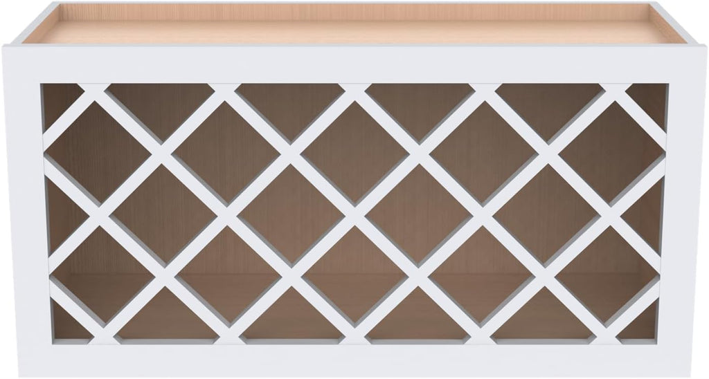 Solid Wood Wine Bottle Rack Wall Cabinet with Lattice Panels - Wine Holder and Storage for Bar, Pantry, Cellar - Mocha (White, 30'W 12'D 15'H)