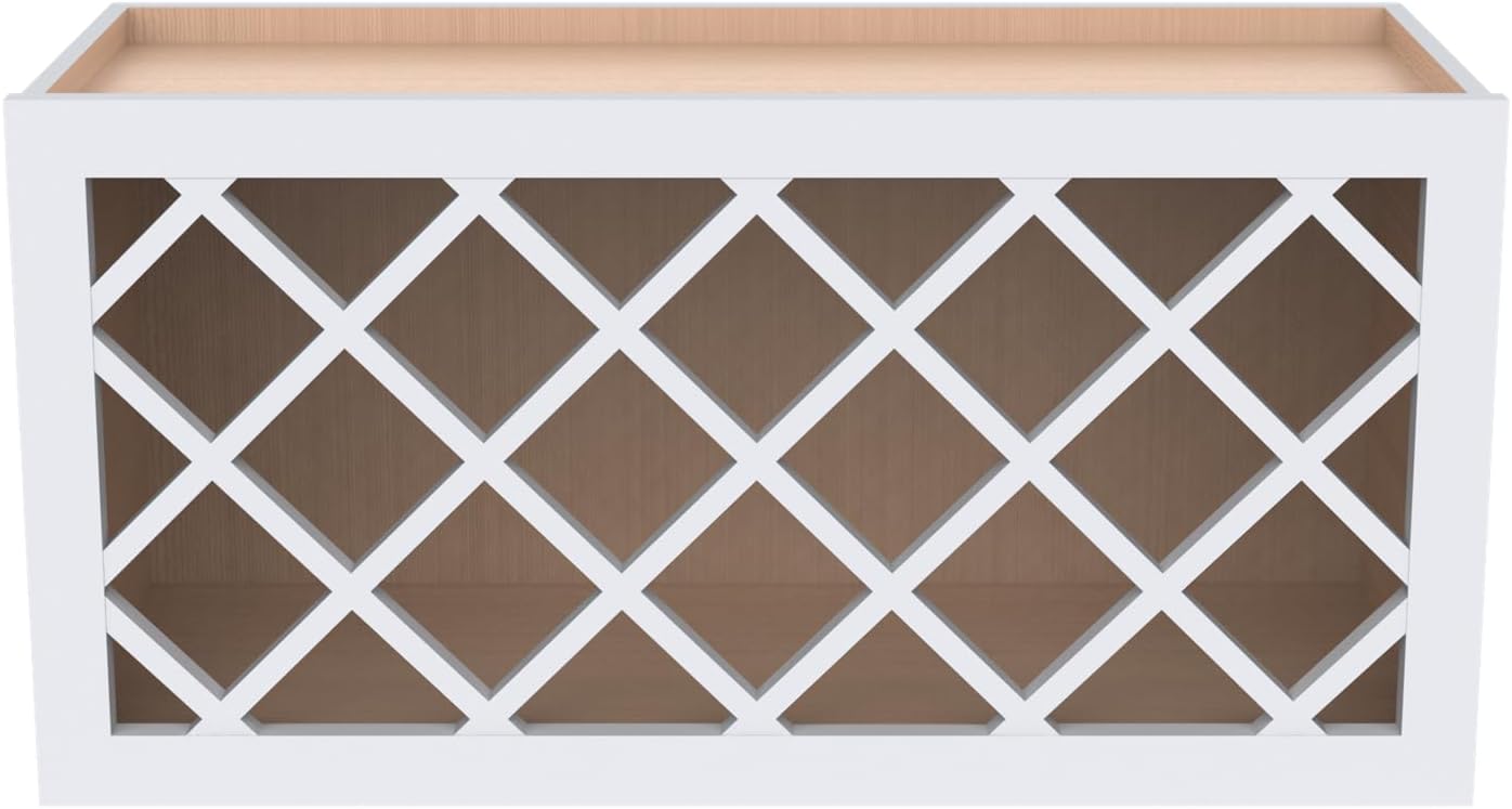 Solid Wood RTA Wine Bottle Rack Wall Cabinet with Lattice Panels - Wine Storage for Bar, Pantry, Cellar & Countertop - Mocha (White, 36'W 12'D 15'H)