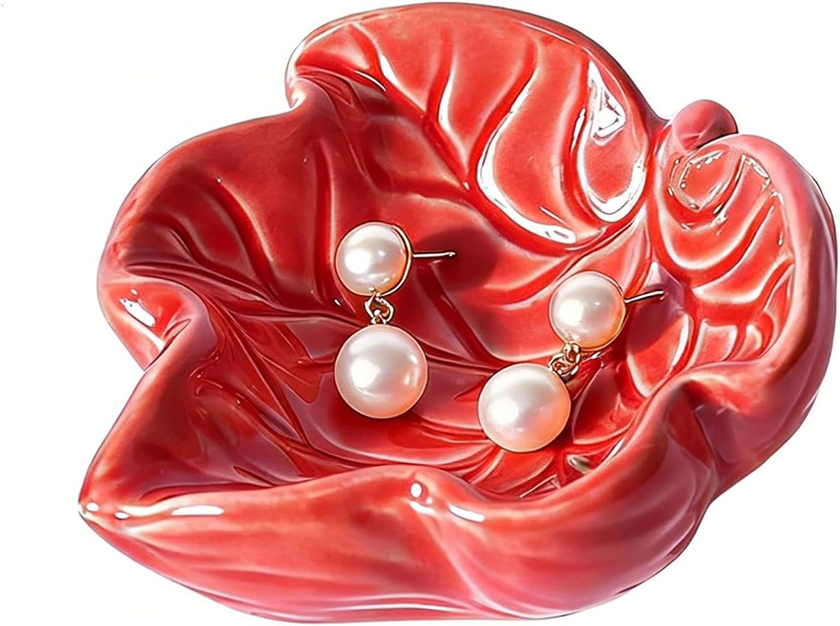 3.5' Red Cute Leaves Ceramic Jewelry Tray for Dressing Table | Petite Bowl Keeps Rings, Earrings, Keys, and Keepsakes Visible on Vanities or Dressers, Making a Sweet Gift for Women