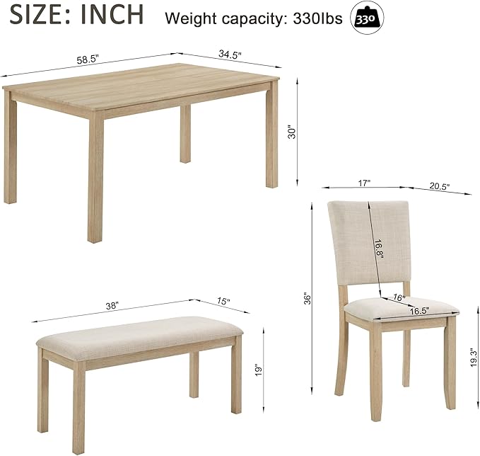 KEIKI 6-Piece Standard Height Dining Table Set with Rectangular Table, 4 Upholstered Chair, Bench, for 6 Person, Modern Style Wooden Table Set, Easy Assembly, for Kitchen, Dining Room, Light Oak