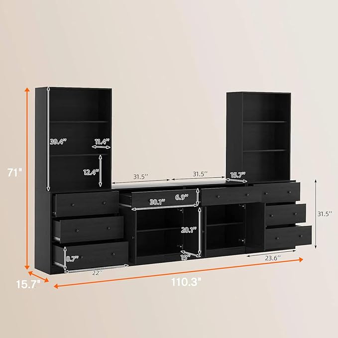 TUSY 71" Large TV Stand Set - TV Entertainment Center for TVs up to 65", Media Center with Tempered Glass Doors and Drawer, TV Hutch with Bookshelves for Living Room (Black, BEEB)