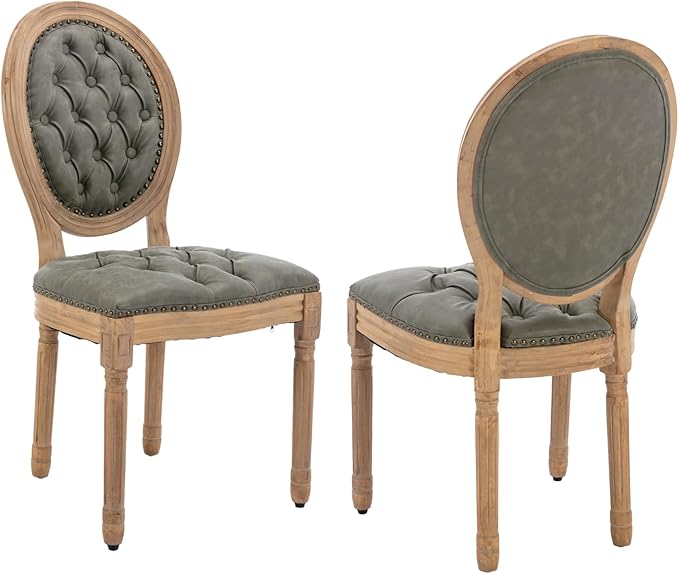 French Country Dining Chairs Set of 2,Farmhouse Upholstered Dining Room Chairs with Tufted Round Back&Solid Leg,PU Leather Kitchen Side Chairs for Kitchen/Bedroom/Dining Room,Turquoise