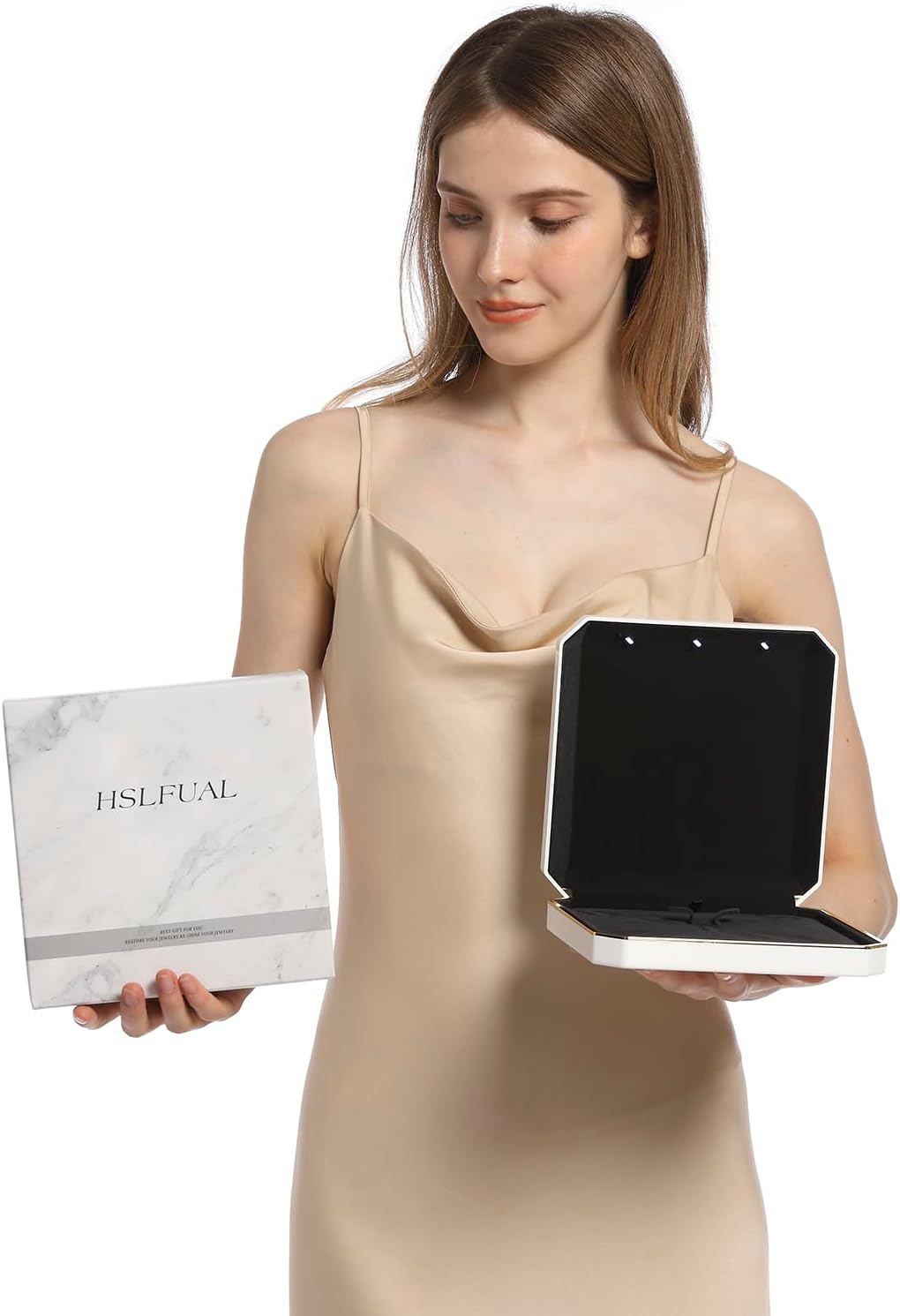 HSLFUAI Necklace Box with Led,Jewelry Box for Necklace, Jewelry Gift Box for Wedding, Birthday, Valentine' Day, Mother'S Day, Christmas,Black Velvet Interior Necklace Box(White)