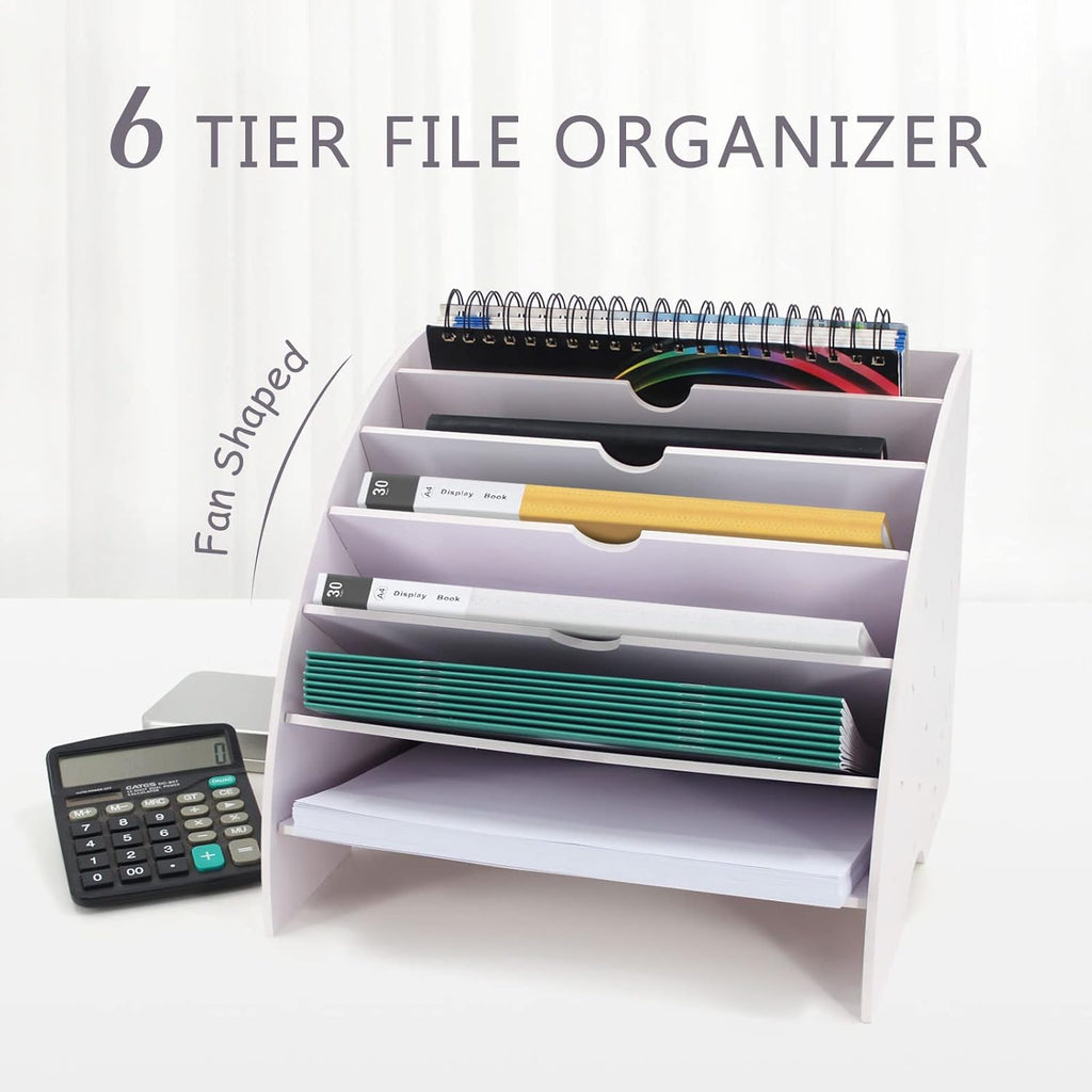 SONGWAY Fan Shaped Desk File Organizer - 6 Compartments File Holder for Desktop, Magazine Rack, Mail Holder, File Sorter, Paper Organizer for Home Office Classroom, White
