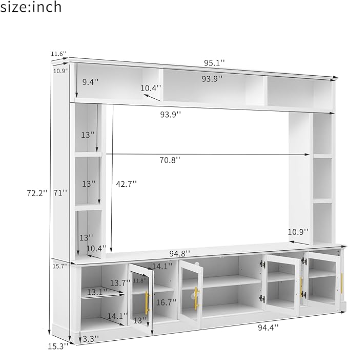 Merax 95" Entertainment Center for TVs up to 80", All-in-One TV Stand with Bookshelves & Storage Cabinets & Tempered Glass Doors & Adjustable Shelves, Modern Living Room Wall Unit Media Console, White