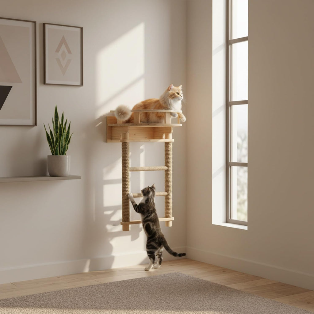 Space-Saving Wall Ladder: Solid Pine & Textured Rope Post for Apartments, 14 x 12 x 6.7 Inches