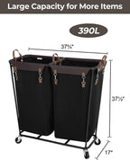 StorageWorks 390L Extra Large Lanudry Hamper with Wheels, Laundry Basket with Wheels 2 Sections, Clothes Sorter Cart with Divider for Hotel, Home, Black, 1-Pack