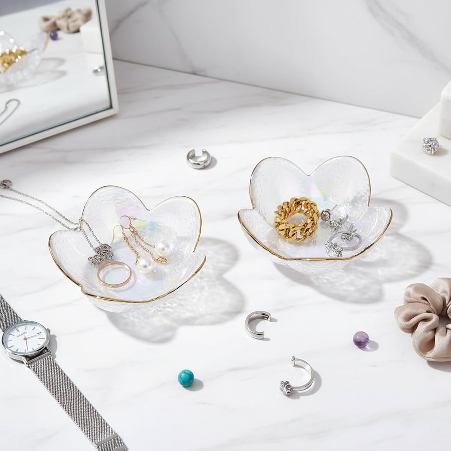 Flower Shape Ring Dish Jewelry Tray Organizer, Glass Accent Tray for Vanity, Small Decorative Trinket Dish, Crystal Pearl White