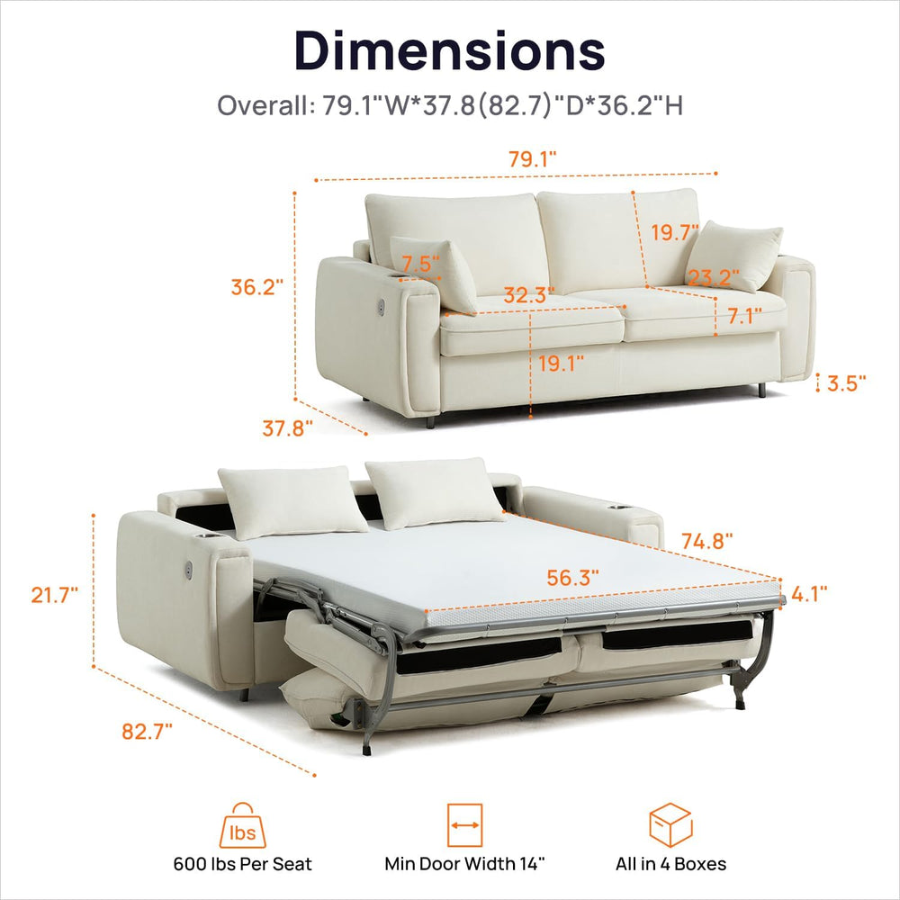 Pull Out Sofa Bed, No Cushion Removal, Queen Sleeper Sofa with USB Fast Charg...