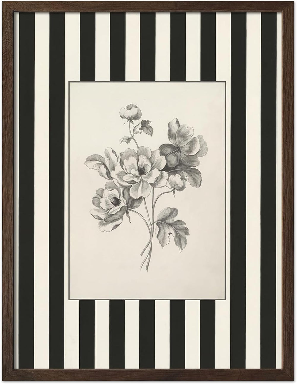 Framed Black and White Striped Wall Art Vintage Flower Pictures 16x24 In
