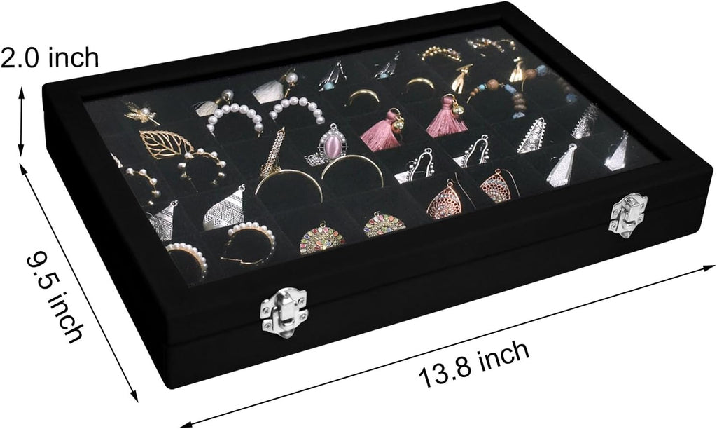 Velvet Jewelry Tray 48 Grid Jewelry Display Tray Organizer Box with Transparent Lid Rings Earrings Necklaces Pendants Display Box Suitable for Women and Girls (Black)
