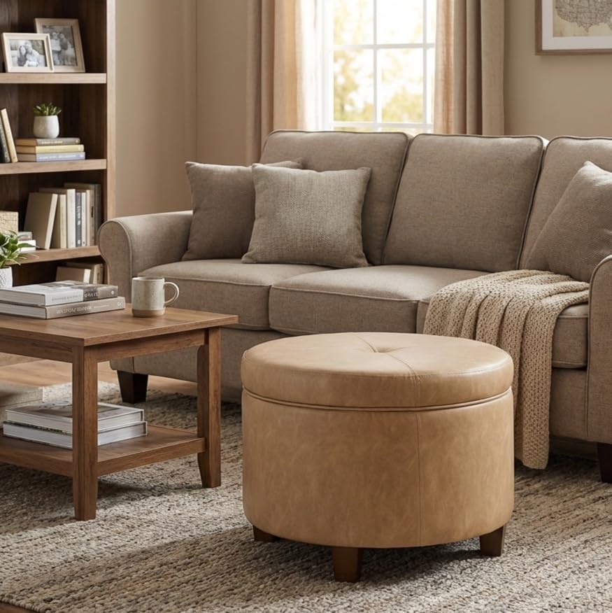 HomePop 24" Large Leatherette Storage Ottoman - Sand Faux Leather
