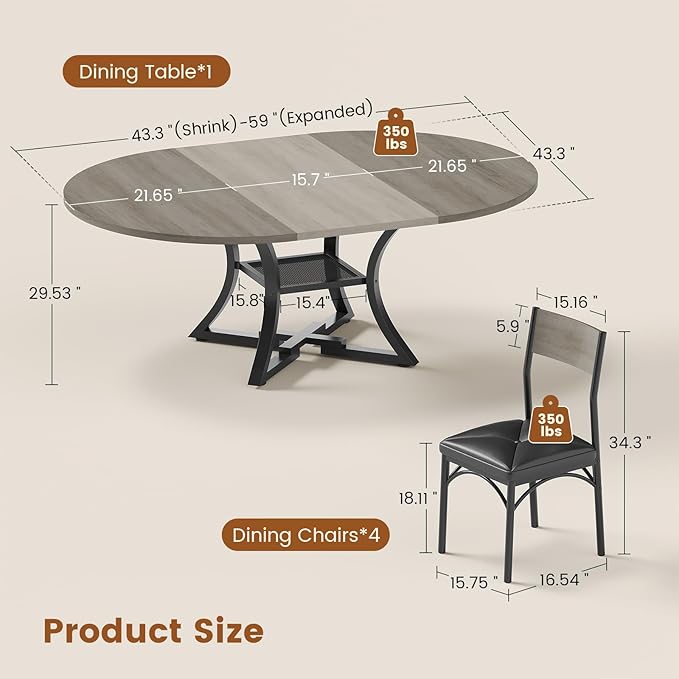 Itaar Round Extendable Dining Table Set for 4-6 People, 5-Piece Kitchen Table Set with 4 Cushion Chairs, Dining Room Table for 6 with MDF Board & Metal Frame for Small Space, Easy Clean, Grey