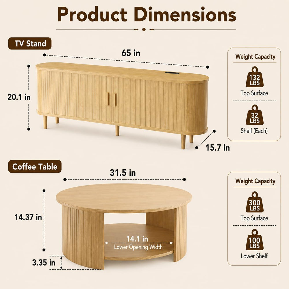 Living Room Table Set of 2, 65" Mid Century Modern TV Stand with Power O...