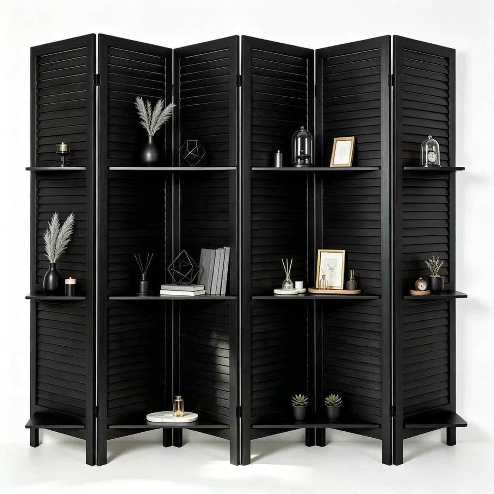 6 Panel Room Divider with Shelves,67" H Tall Folding Privacy Screen,Black