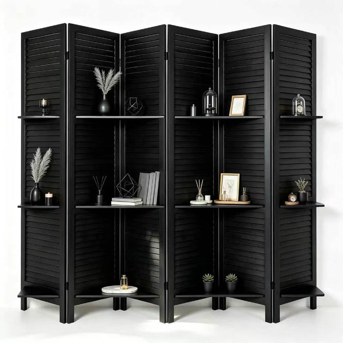 6 Panel Room Divider with Shelves,67" H Tall Folding Privacy Screen,Black